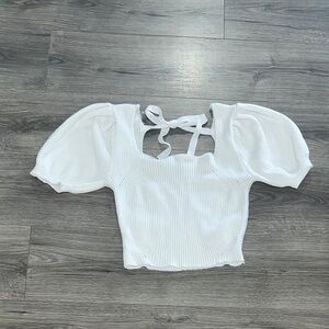 White Ribbed Puff-Sleeve Crop Top with Back Tie Women’s Size L